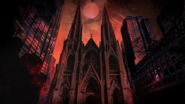 Gothic Cathedral in a Red Sky with City Buildings