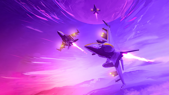 F-16 Fighting Falcons in a purple sky