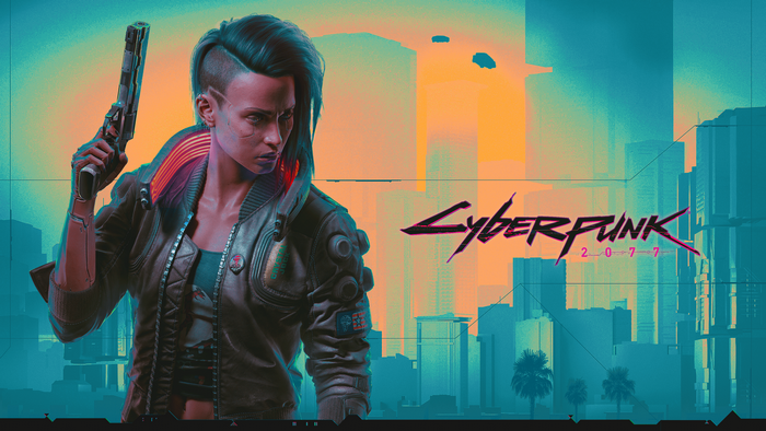 Female character with gun from Cyberpunk 2077