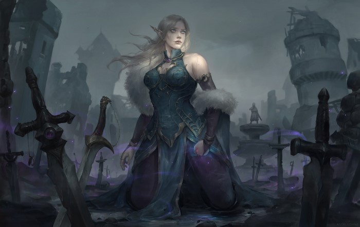 Elf in a ruined city with swords