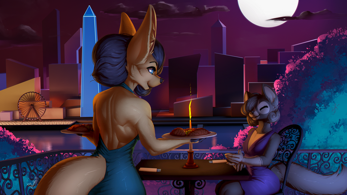 Furry couple dining on a balcony at night