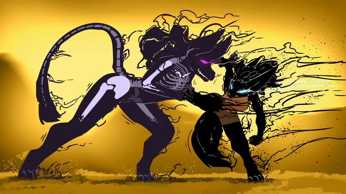 Two anthropomorphic creatures fighting with skeletal features