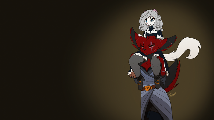 Red fox carrying a white cat on shoulders