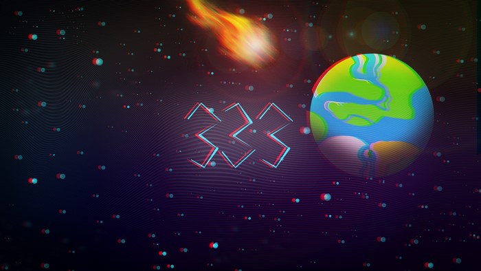 Space scene with Earth, meteorite, and 333 symbol