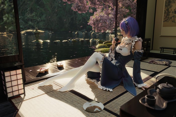 Rem from Re:Zero Sitting by Cherry Blossom Terrace