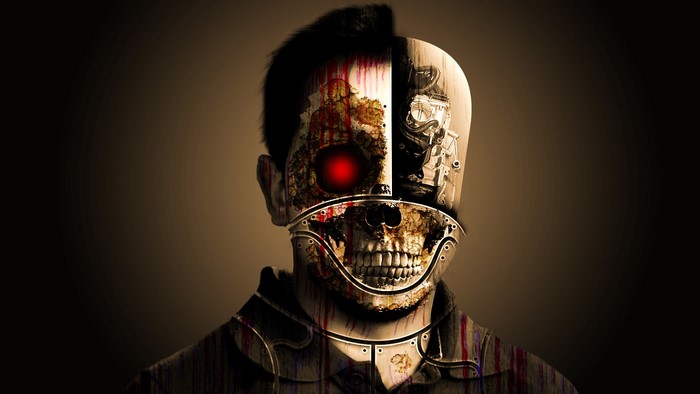 Horror Digital Art of a Cyborg Skull Face
