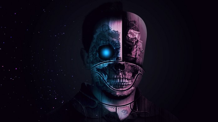Half human, half skull, half robot face