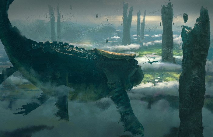 Sky Whale and Dragon in Fantasy Landscape