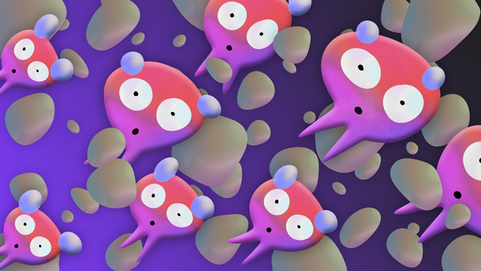 Cartoon creatures with bubbles on purple background