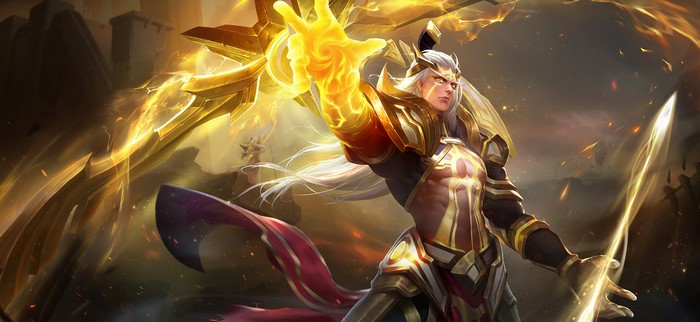 Golden warrior with glowing hand and sword
