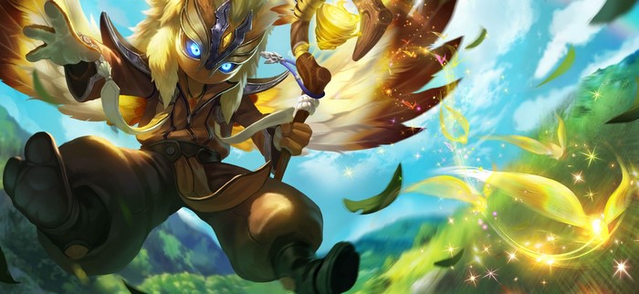Character with wings and blue eyes holding a staff