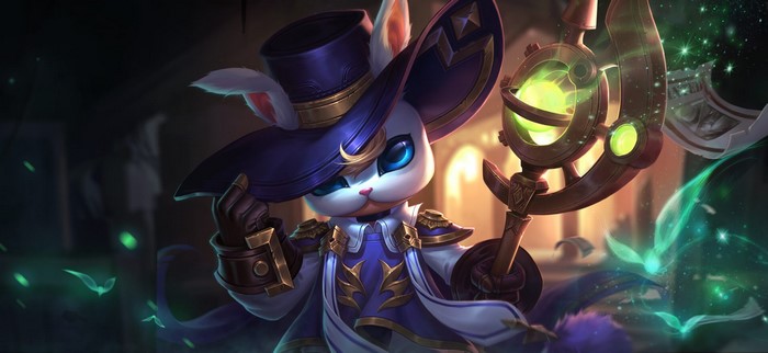 Anime character with bunny ears and a hat holding a staff