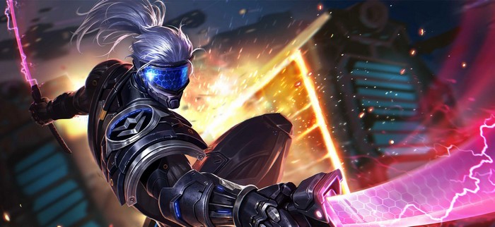Cyberpunk warrior with glowing swords