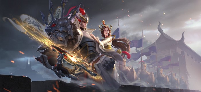 Fantasy warrior and woman with glowing sword