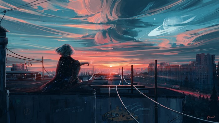Girl on rooftop watching sunset with UFO and planet