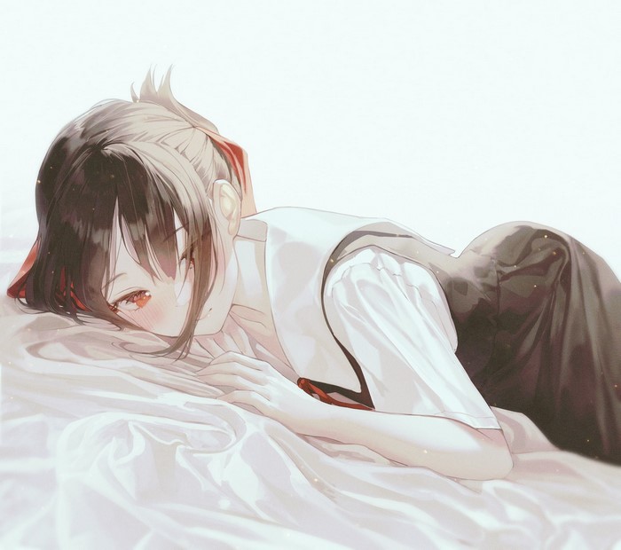 Kaguya Shinomiya from Kaguya-Sama: Love is War blushing on white sheets