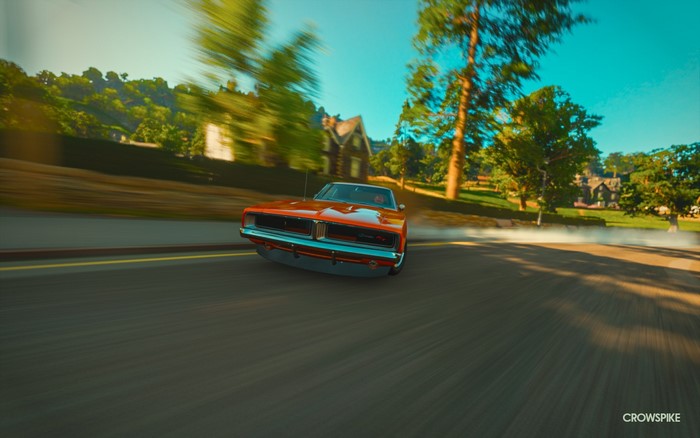Orange Dodge Charger R/T drifting in Forza Horizon 4