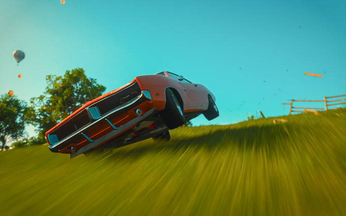 Dodge Challenger R/T driving on a grassy hill in Forza Horizon 4