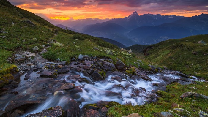 Mountain stream at sunset in the Caucasus Mountains, Georgia