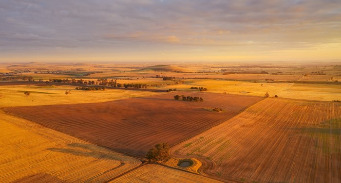 Aerial view of Australian farmland at sunset