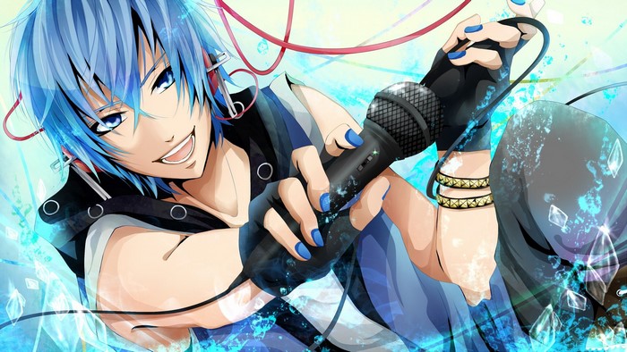 Anime boy with blue hair holding a microphone