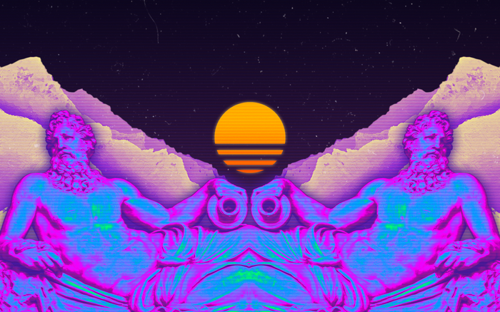 Symmetrical Statues and Sunset in Vaporwave Style