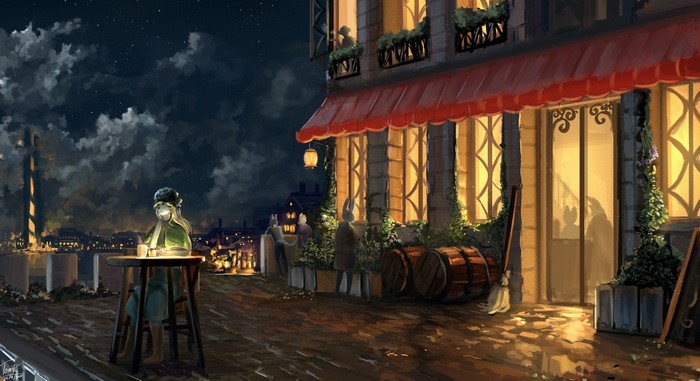 Fantasy cafe at night with rabbits and clouds