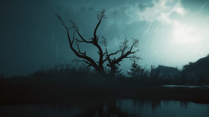 Assassins Creed: Odyssey screenshot of a dead tree in the rain
