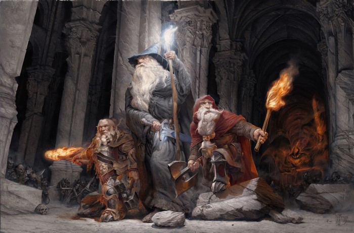 Gandalf and Dwarves from The Lord of the Rings in a cave