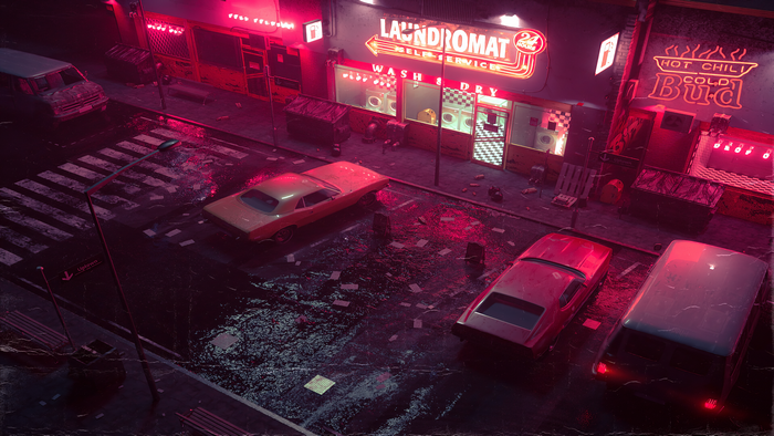 Neon Laundromat and Diner at Night