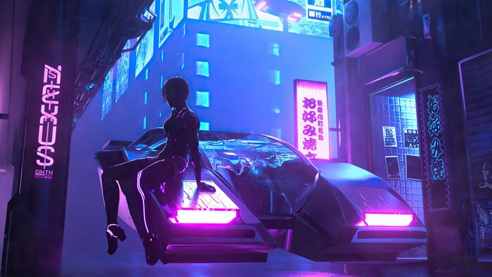 Cyberpunk woman sitting on a futuristic car in a neon city