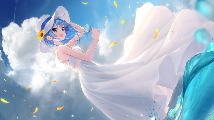 Hoshimachi Suisei from Hololive in a white dress and hat