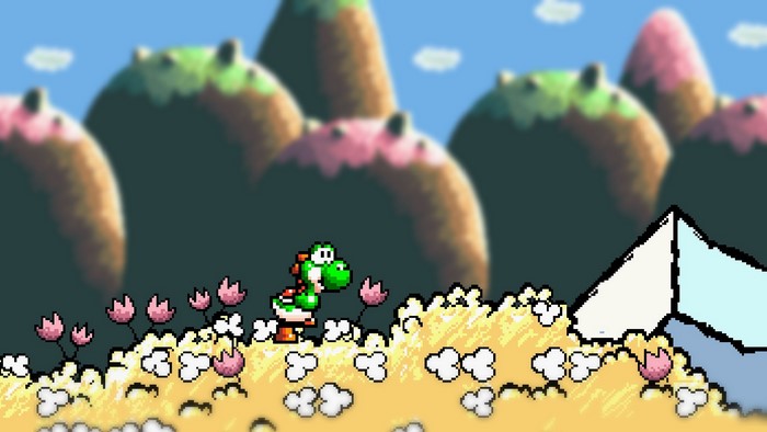 Yoshi from Yoshi's Island in a pixel art landscape