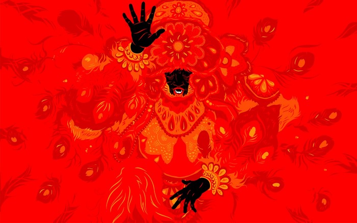 Illustration of a figure in red and orange attire with peacock feathers