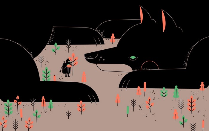 Illustration of a person facing a giant wolf in a forest