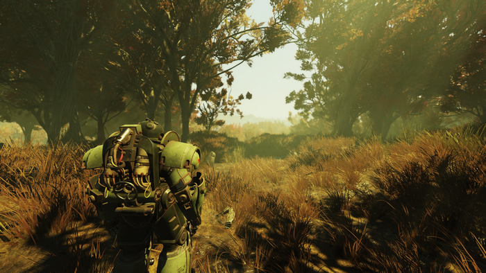 Power armor in a forest in Fallout