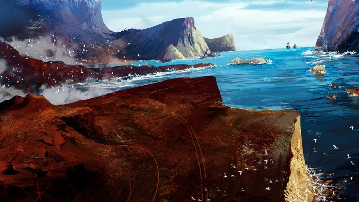 Guillaume Hochart painting of a cliff overlooking the ocean with seagulls