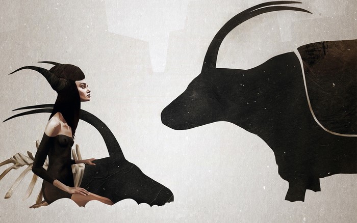 Woman with horns and bull silhouette by Ruben Ireland