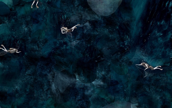Illustration of divers in dark blue water