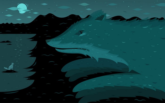 Illustration of a large wolf by a lake at night