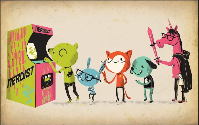 Animals playing arcade game and posing