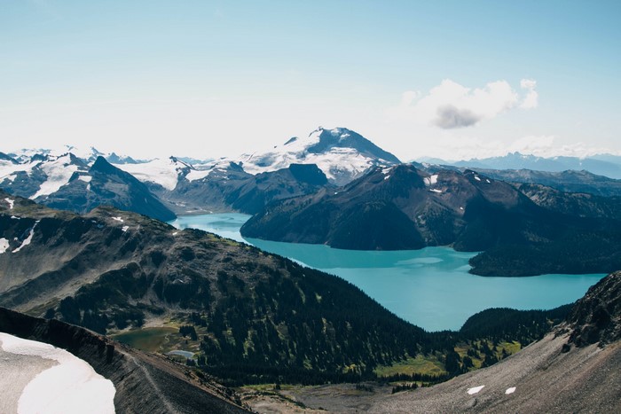 Turquoise lake surrounded by snowy mountains and forests in British Columbia