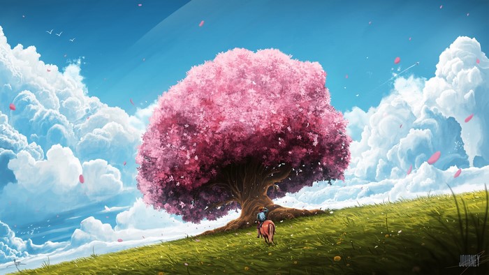 A person on a horse under a cherry blossom tree