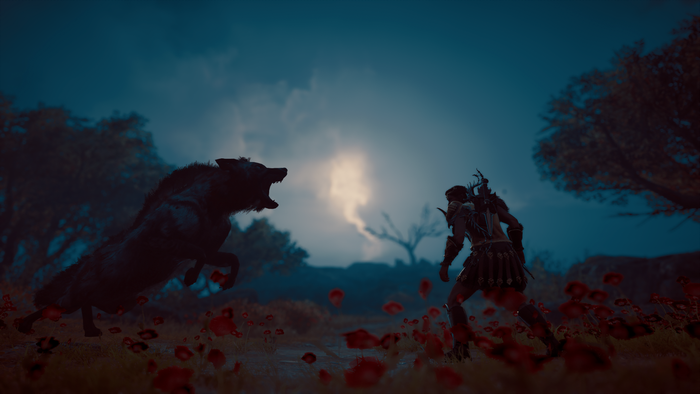 Kassandra from Assassin's Creed Odyssey fighting a wolf