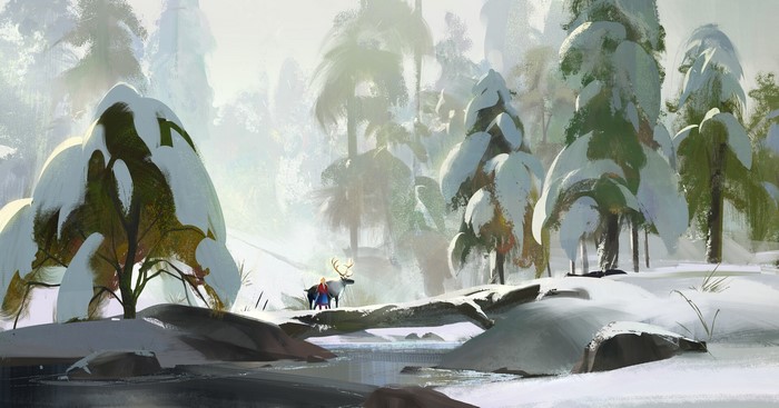 A girl and a reindeer in a snowy forest