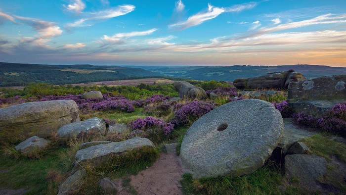 Millstone and heather landscape at sunset in the UK