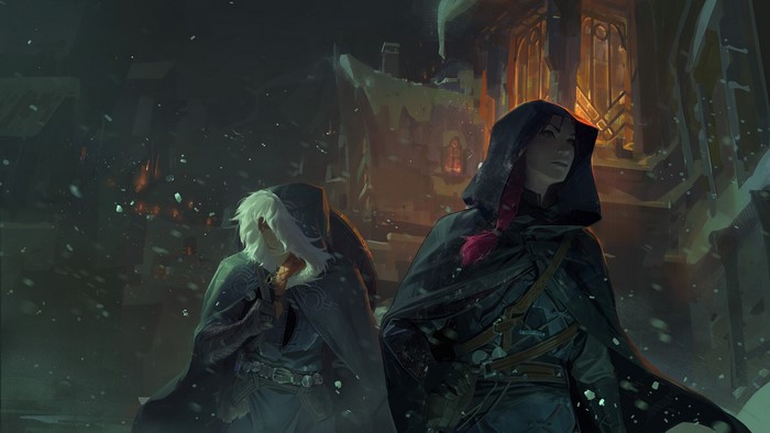 Two hooded figures in a snowy fantasy town