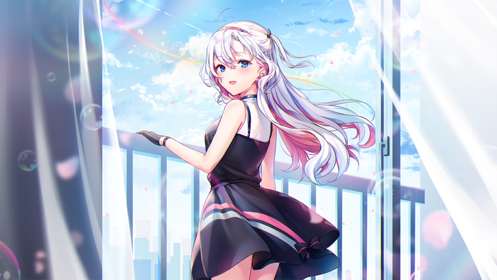 Anime girl with white hair and blue eyes on a balcony