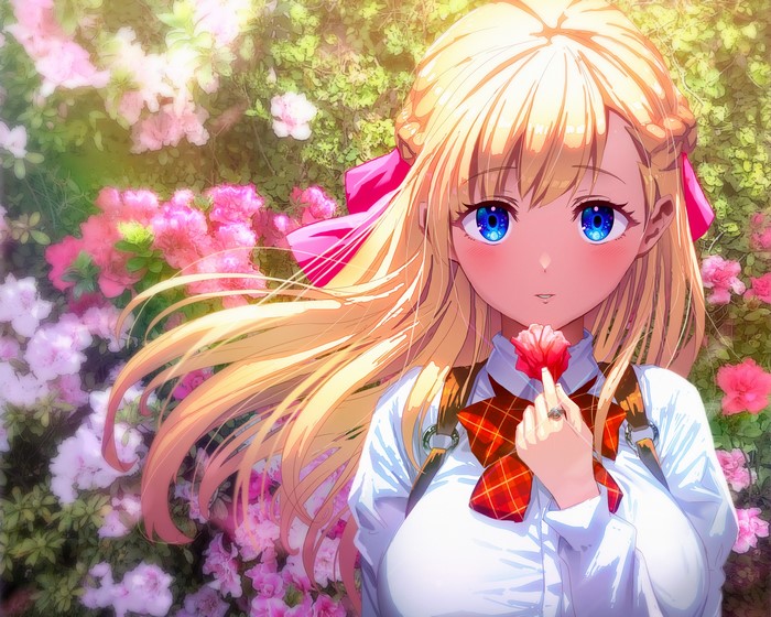 Anime girl with blonde hair and blue eyes holding a flower