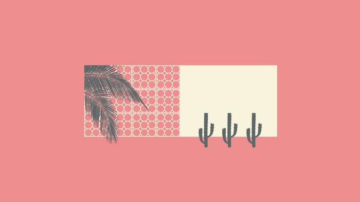 Pink background with palm tree and cacti